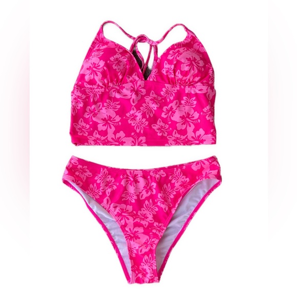 👙2 Swim Mod hot pink floral and baby pink ribbed bikini NWOT size small women 👙 - Picture 5 of 11